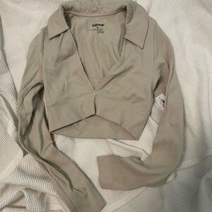 Garage Beige Ribbed V-Neck Crop Top